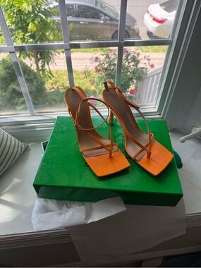 Bottega Veneta Orange Strappy Square-Toe High Heels